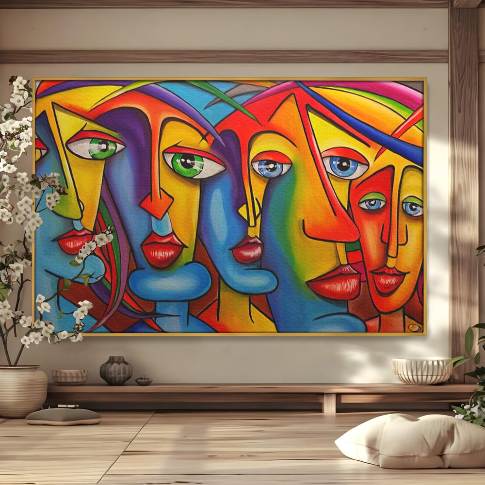 Tablou canvas cu tablou canvas cu fete abstracte colorate, in rama de aluminiu auriu